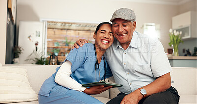 Buy stock photo Hug, nurse and senior man with tablet in retirement home for examination, wellness and elderly care. Woman, male person and embrace as medic, staff and support in lounge for appointment or check up