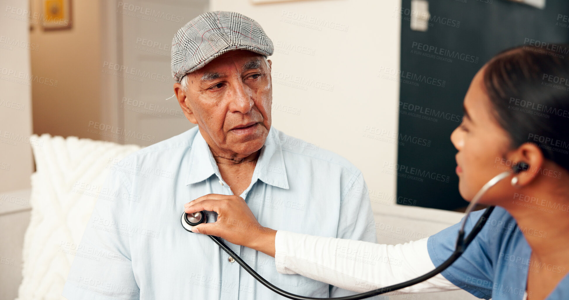 Buy stock photo Elderly man, nurse and stethoscope on couch for cardiology and medical examination. Heart health, wellness and checkup or homecare or consultation, breathing and people in living room for assessment 