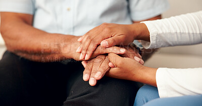 Buy stock photo Holding hands, nurse and senior patient in nursing home for counselling, wellness or elderly care. Calm, mature person and comfort as medic, staff or support in lounge for retirement, hope or advice