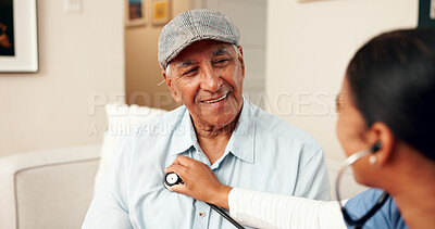 Buy stock photo Smile, senior man and nurse with stethoscope on couch for cardiology and medical exam. Heart health, wellness and checkup in home for consultation, breathing and patient in living room for support 