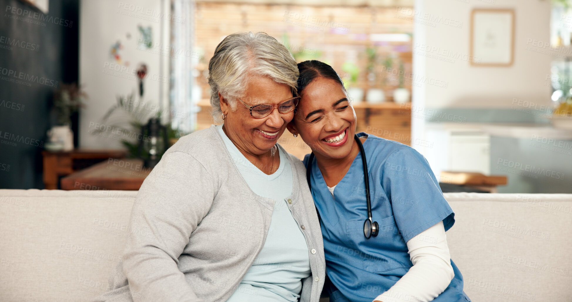 Buy stock photo Hug, senior woman and nurse with stethoscope in nursing home for retirement, wellness and elderly care. Female people, medic and embrace as caregiver, staff and support for appointment or check up