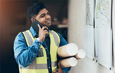 Buy stock photo Engineer, phone call and man with blueprint, conversation and schedule for project development. Architecture, person and employee with smartphone, communication and planning for construction service