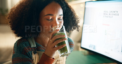 Buy stock photo Woman, smoothie and drink in home office at night for work, overtime and project deadline with computer. Designer, screen and juice in house for freelance, creative and shake break with technology