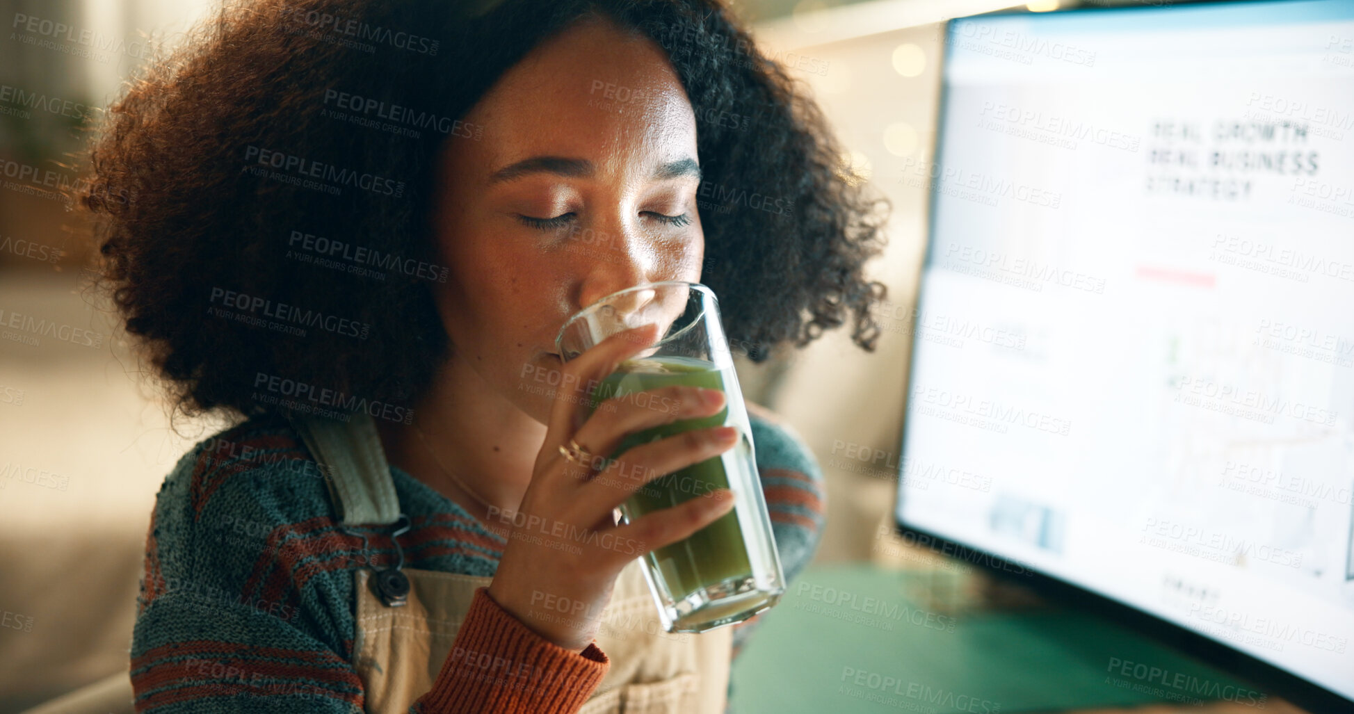 Buy stock photo Woman, smoothie and drink in home office at night for work, overtime and project deadline with computer. Designer, screen and juice in house for freelance, creative and shake break with technology