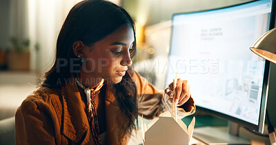 Buy stock photo Woman, fast food and eating in home office at night for work, overtime and project deadline with computer. Designer, screen and ramen in house for freelance, creative and dinner break with technology