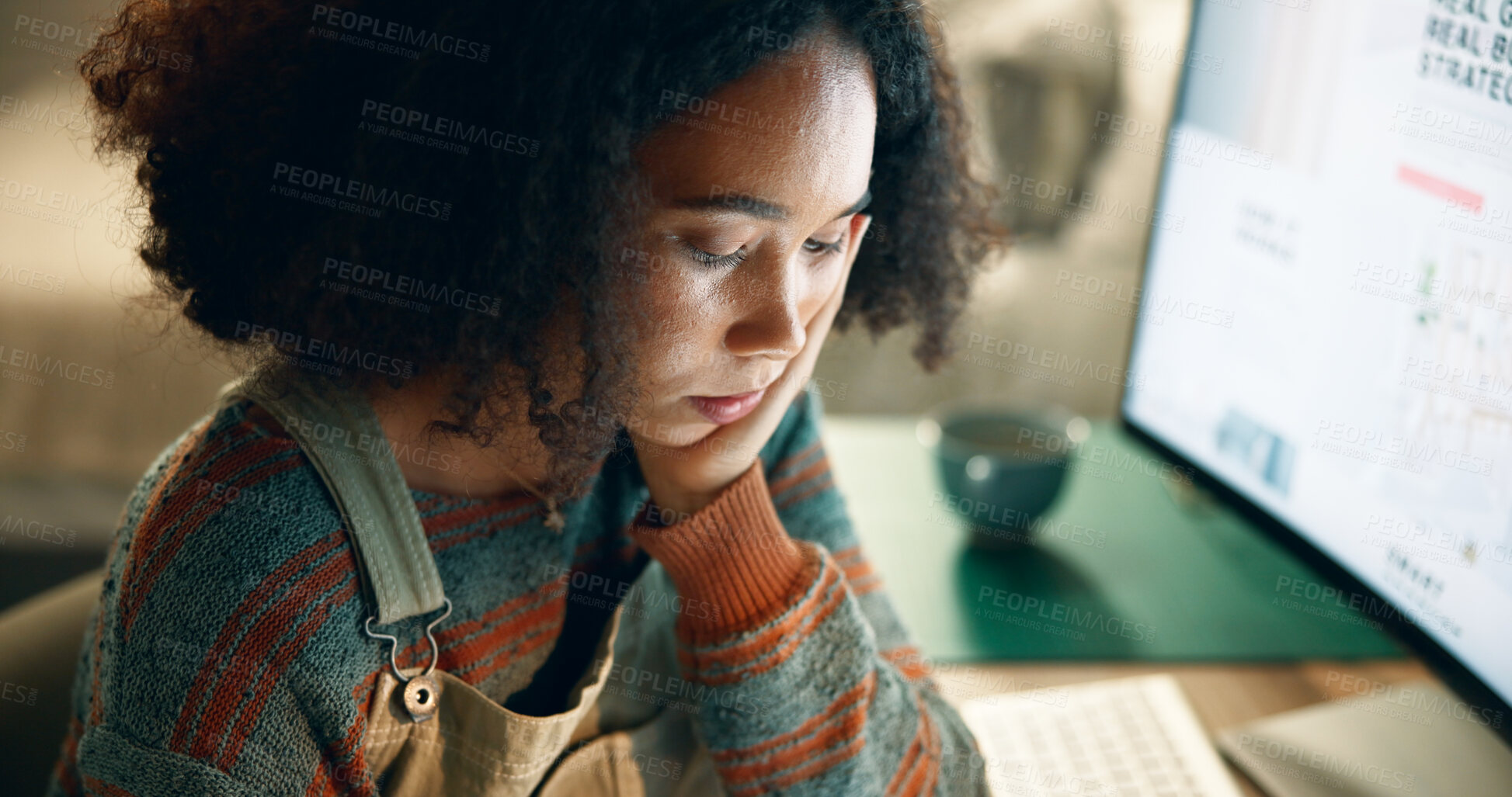 Buy stock photo Education, woman and thinking at night by computer, research or reading at table. Female student, online classes and tired in home for elearning, overworked, exhausted in evening with burnout