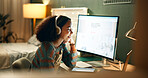 Education, woman and headphones at night for lesson, research or reading at computer. Female student, online business lecture or video call in home for knowledge, elearning or productivity in evening