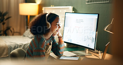 Buy stock photo Education, woman and headphones at night for lesson, research or reading at computer. Female student, online business lecture or video call in home for knowledge, elearning or productivity in evening