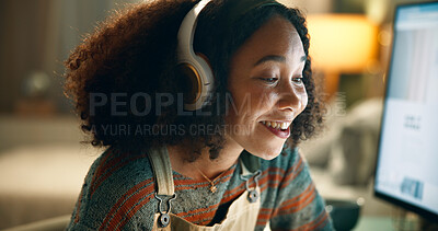 Buy stock photo Learning, woman and headphones at night with smile, research or video call at computer. Female student, online business lecture or reading in home for knowledge, elearning and productivity in evening