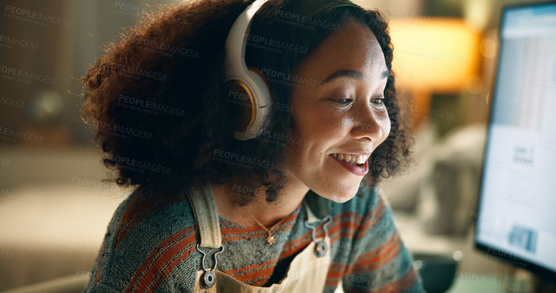 Buy stock photo Learning, woman and headphones at night with smile, research or video call at computer. Female student, online business lecture or reading in home for knowledge, elearning and productivity in evening