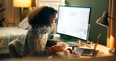 Buy stock photo Education, woman and reading at night with laptop, research and studying at computer. Female student, online business lecture and tech in home for knowledge, elearning and productivity in bedroom