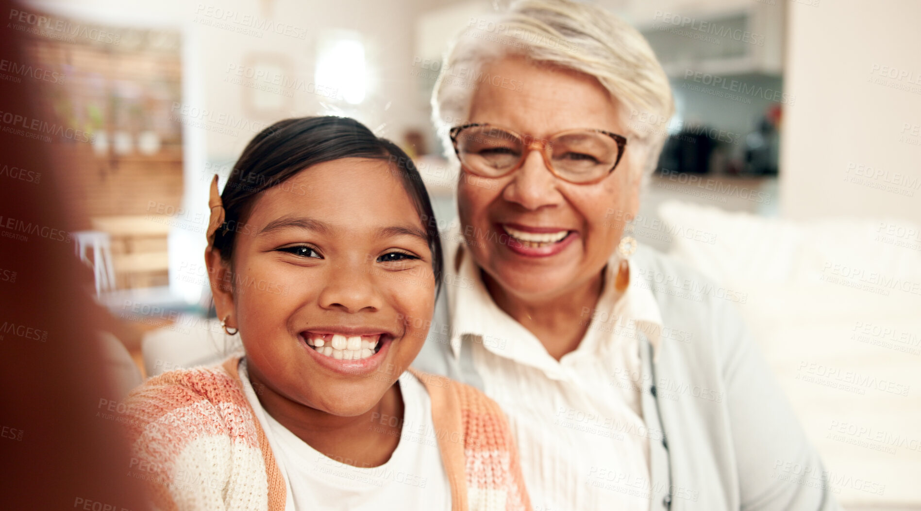 Buy stock photo Girl, grandmother and smile for selfie portrait with bonding, happy memory and post for online blog in family home. Face, child and pov profile picture together with love, social media and support