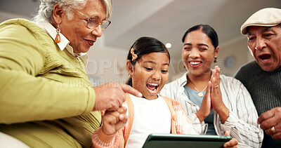 Buy stock photo Tablet, family and excited child with success, winning or clapping for good exam results. Kid, grandparents or mother on technology for school achievement, prize or celebrate with generations in home