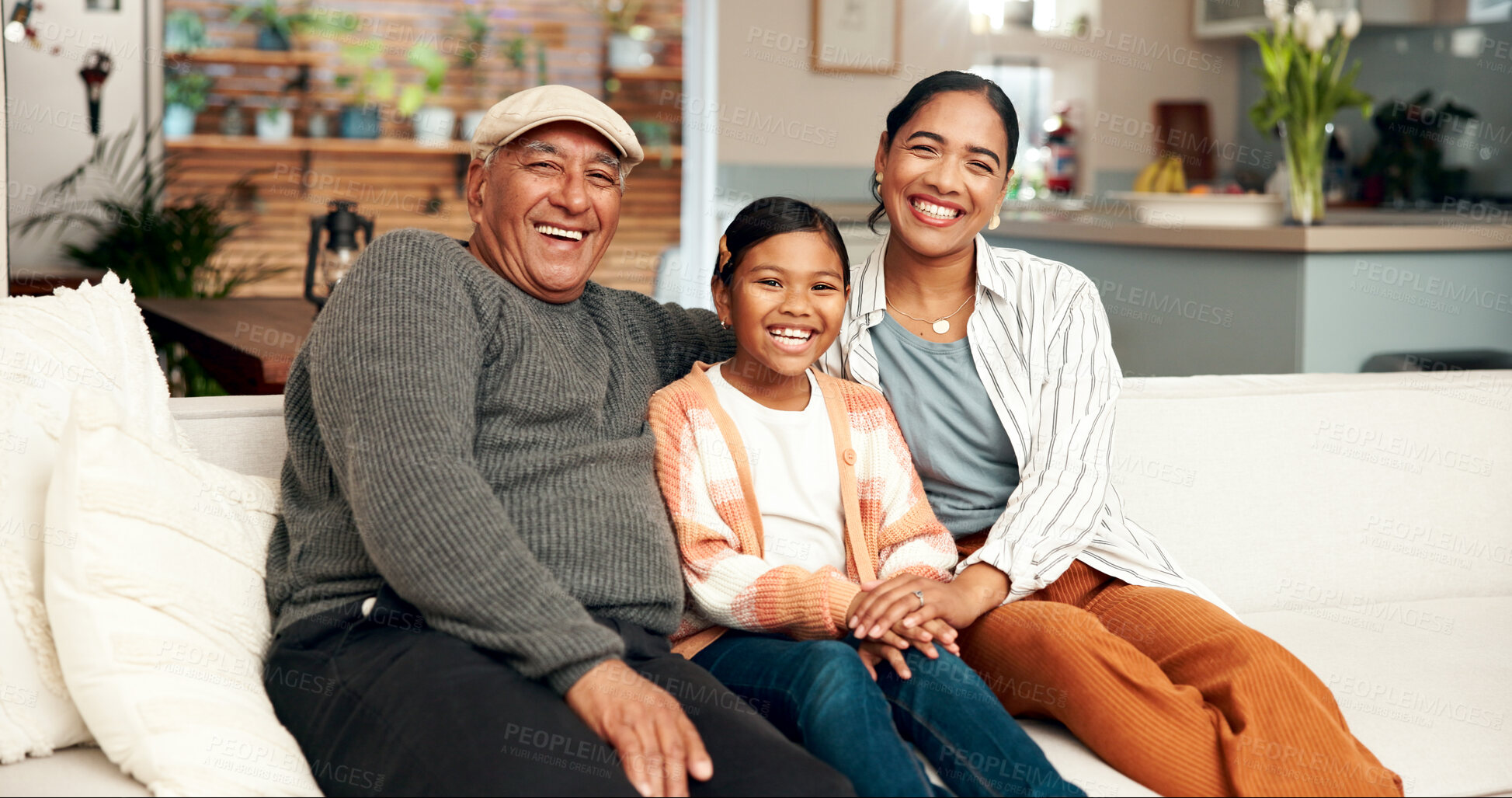 Buy stock photo Portrait, family and smile for generations on couch for bonding, support and relationship for childhood memory. Happy, grandparent and woman with child for care, fun and love together at house lounge