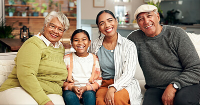 Buy stock photo Portrait, smile and family generations on sofa for bonding, support and relationship for childhood memory. Happy, grandparents and woman with child for care, fun and love together at house lounge