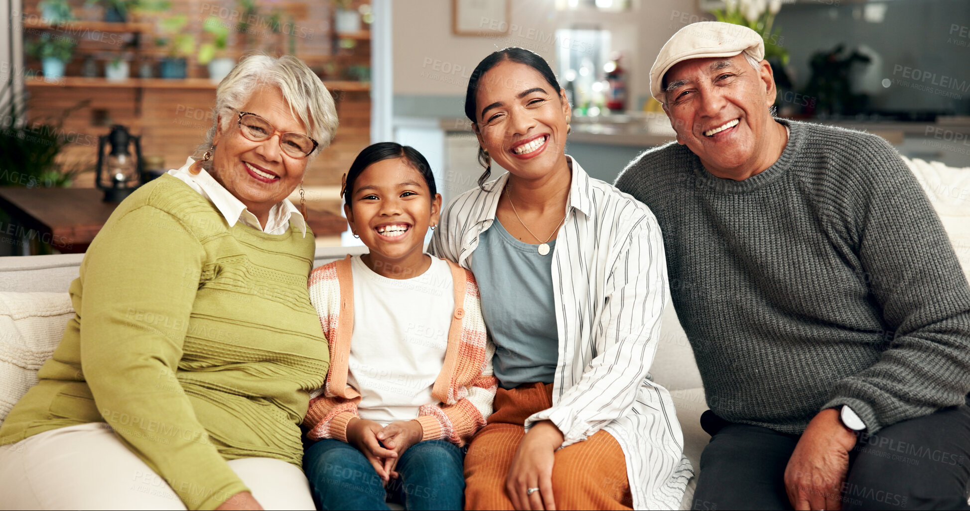 Buy stock photo Portrait, smile and family generations on sofa for bonding, support and relationship for childhood memory. Happy, grandparents and woman with child for care, fun and love together at house lounge