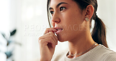 Buy stock photo Woman, house and anxiety with biting nails for thinking or stress or crisis with problem solving. Female person, home and worried or nervous as student for exam or test results with panic or fear