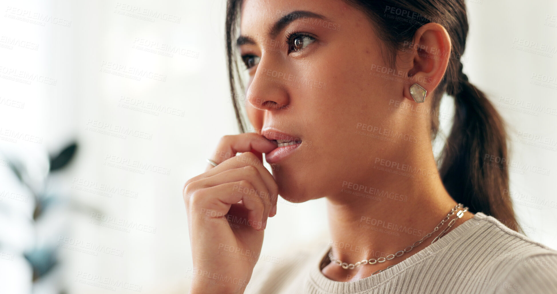 Buy stock photo Woman, house and anxiety with biting nails for thinking or stress or crisis with problem solving. Female person, home and worried or nervous as student for exam or test results with panic or fear