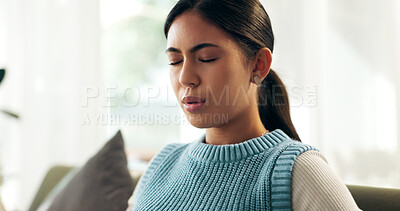 Buy stock photo Woman, pain and breathing on couch for anxiety, mental health and panic attack in home. Female person, thinking and depression or stress on sofa for frustrated and tired in apartment or lounge