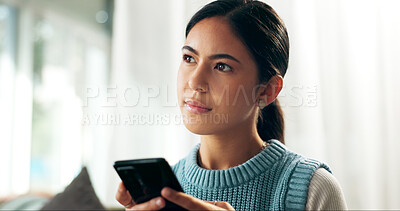 Buy stock photo Girl, mobile and idea in house on sofa for research, planning and conversation by email with vision. Female person, smartphone and thinking in living room for choice, decision and social media post