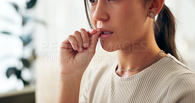 Buy stock photo Woman, home and biting finger for thinking or stress with anxiety or crisis for problem solving.Female person, house and worried or nervous as student for exam or test results with panic or fear