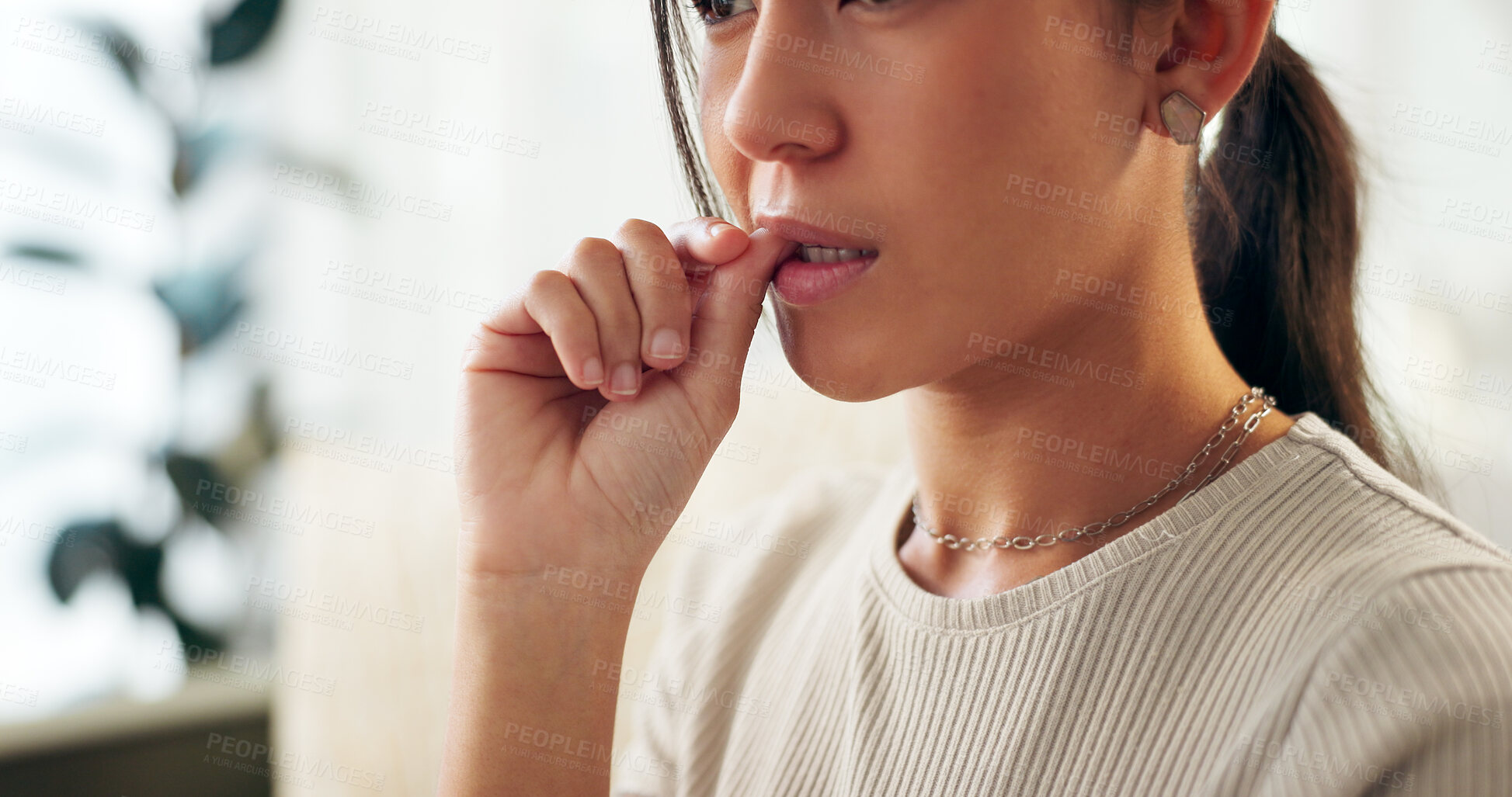 Buy stock photo Woman, home and biting finger for thinking or stress with anxiety or crisis for problem solving.Female person, house and worried or nervous as student for exam or test results with panic or fear