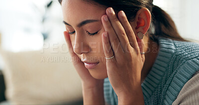 Buy stock photo Woman, home and couch with headache or stress in living room with migraine pain and eyes closed. Female person, sofa and burnout or worried with crisis, problems and sad with mental health issue