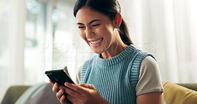 Buy stock photo Girl, mobile and excited in house on sofa for notification, achievement and news by email with smile. Female person, smartphone and happy in living room for reward or offer for university scholarship