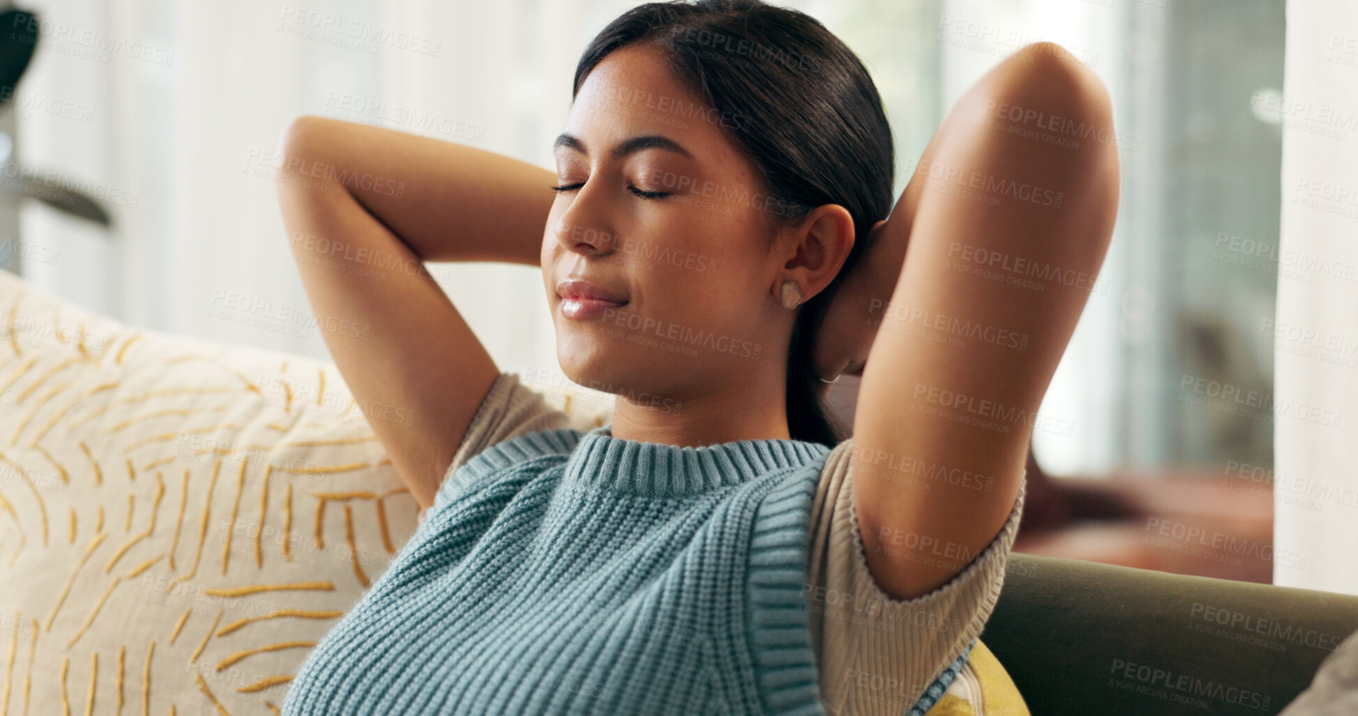 Buy stock photo Woman, calm and comfort on couch for morning in home for relax and wellness on weekend. Female person, stretching and rest on sofa in living room for zen, self care and happy in apartment or house