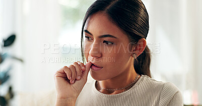 Buy stock photo Woman, home and biting finger for stress or nervous with anxiety or crisis for problem solving.Female person, house and worried or thinking as student for exam or test results with panic or fear