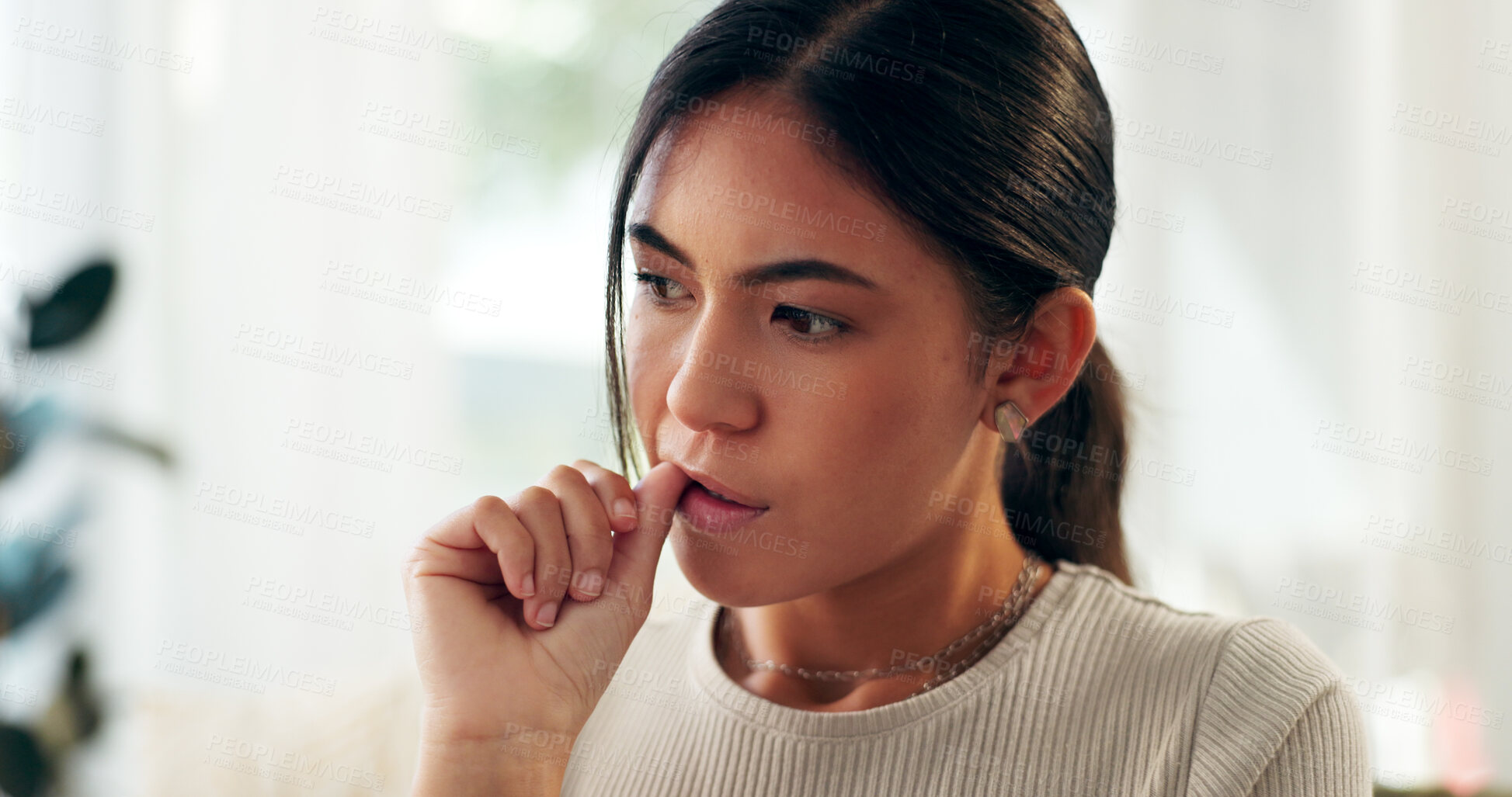 Buy stock photo Woman, home and biting finger for stress or nervous with anxiety or crisis for problem solving.Female person, house and worried or thinking as student for exam or test results with panic or fear