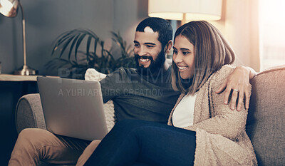 Buy stock photo Home, couple and hug with laptop for online, streaming movie and choice for entertainment on sofa. Happy people, woman and man with digital for connection, watch series and bonding with love in house