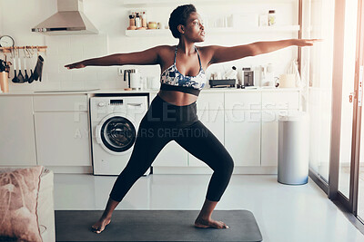 Buy stock photo House, black woman and stretching with yoga, pilates training and wellness with morning. African person, fitness and healthy girl with workout, exercise and warm up with balance, challenge and breath