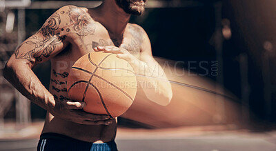 Buy stock photo Basketball, hands and motion blur with body of man on court for challenge or competition closeup. Exercise, fitness and sports with shirtless athlete at outdoor event, playing game for tournament