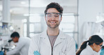 Portrait, scientist and happy man in lab for research, career and job as biochemist. Confidence, science and face of confident medical doctor in goggles for pharma study, healthcare and innovation