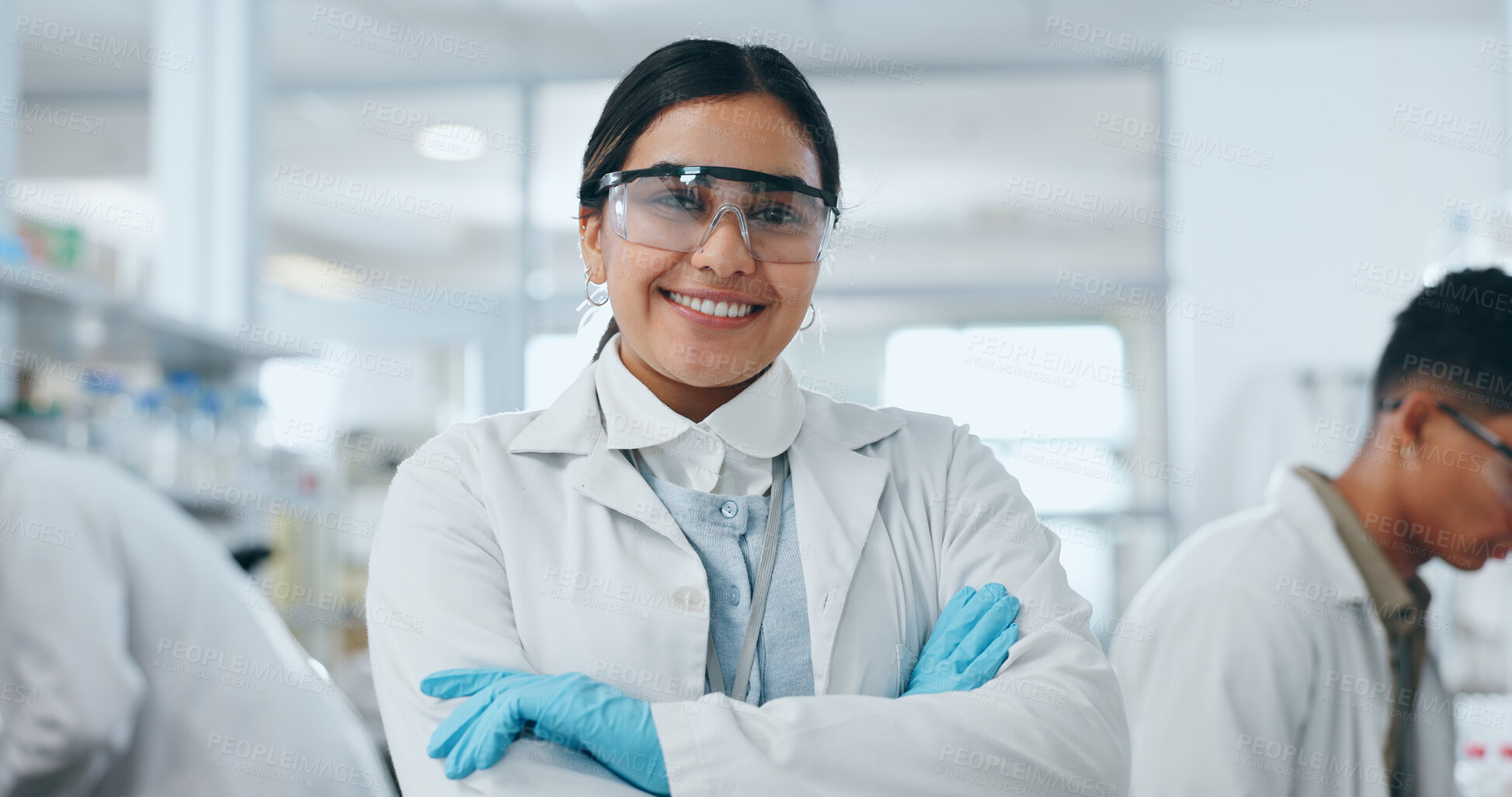 Buy stock photo Portrait, scientist and happy woman in lab with confidence for research, career or job as biochemist. Arms crossed, science and face of medical doctor with goggles for study, healthcare or innovation