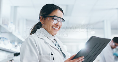 Buy stock photo Laboratory, woman scientist and digital tablet for medical research, diagnosis and results with tech. Female biologist, connection and online info for reading, analysis and bacteria review with smile