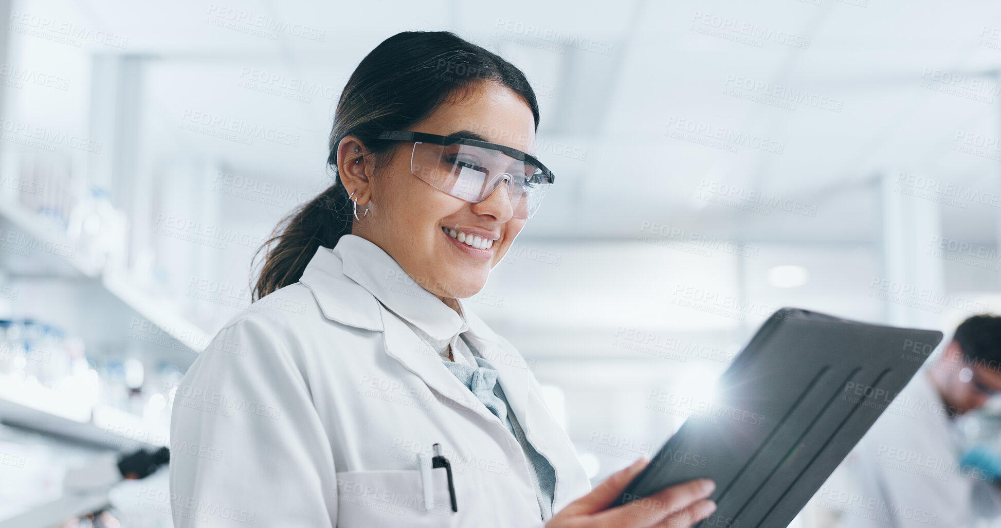 Buy stock photo Laboratory, woman scientist and digital tablet for medical research, diagnosis and results with tech. Female biologist, connection and online info for reading, analysis and bacteria review with smile