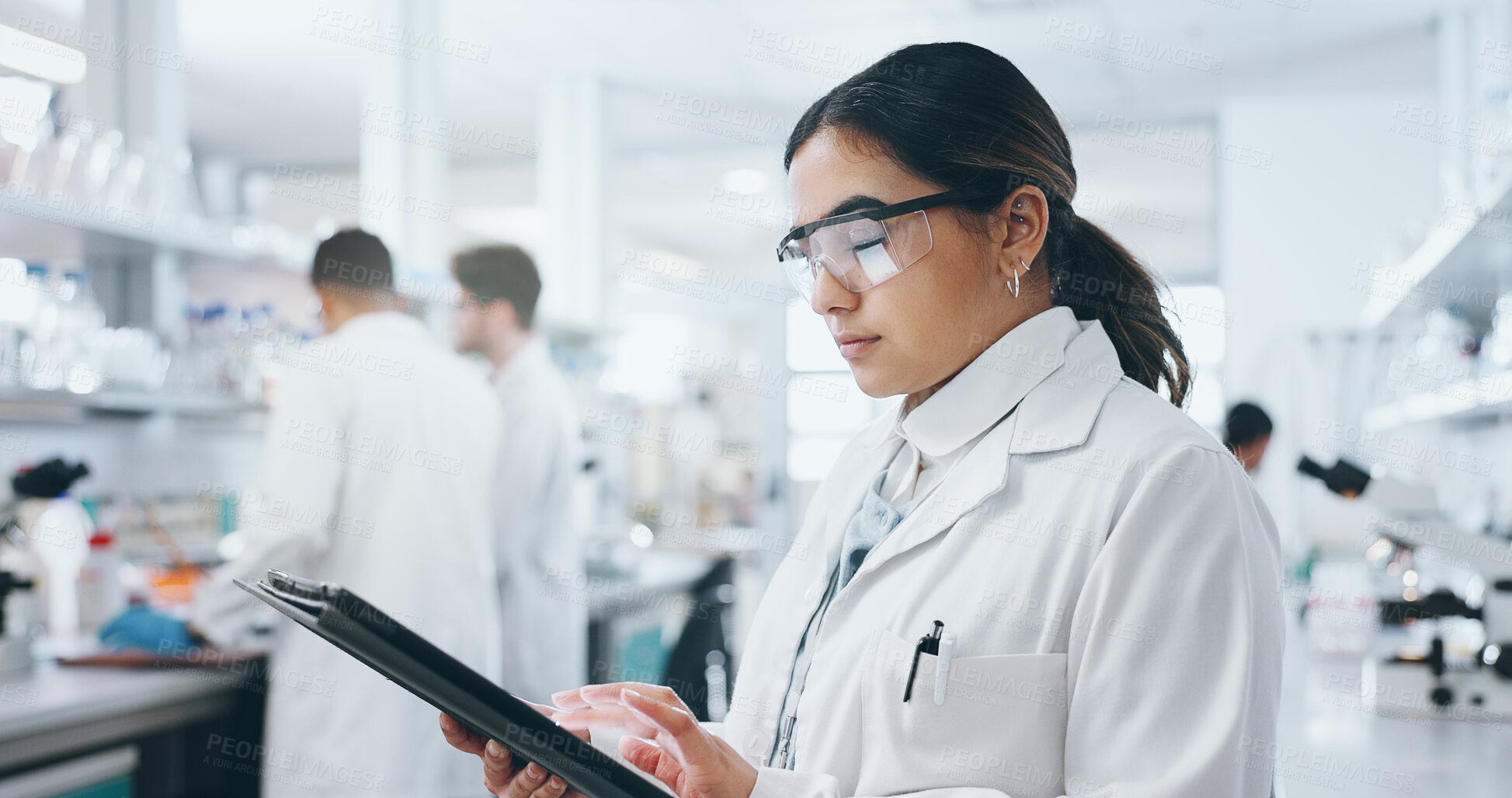 Buy stock photo Laboratory, woman scientist and tablet for medical research, diagnosis and results with tech. Female biologist, connection and online info for reading, analysis and digital review for problem solving