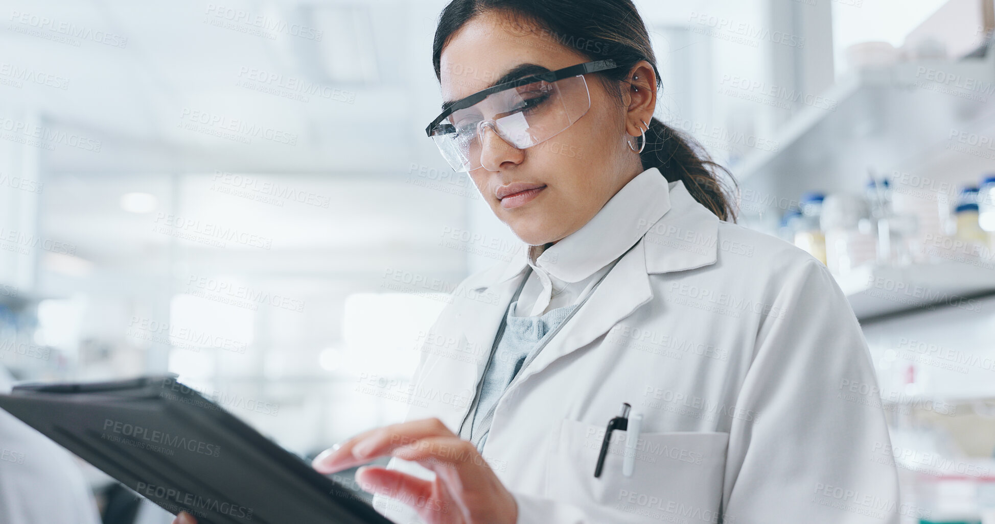 Buy stock photo Laboratory, woman and science with tablet for reading, medical diagnosis and results with tech. Female biologist, connection and online info for research, analysis and digital for problem solving