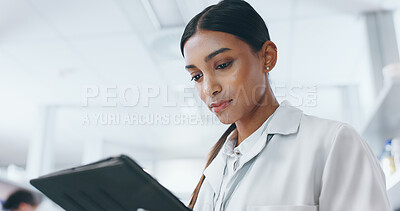 Buy stock photo Healthcare, female scientist and tablet for research, medical diagnosis and results with tech. Woman biologist, connection and online info for reading, analysis and digital for problem solving in lab