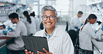 Portrait, scientist and happy woman in laboratory with tablet for medical research and job as biologist. Digital, science and face of mature doctor on tech with glasses for pharma study or innovation