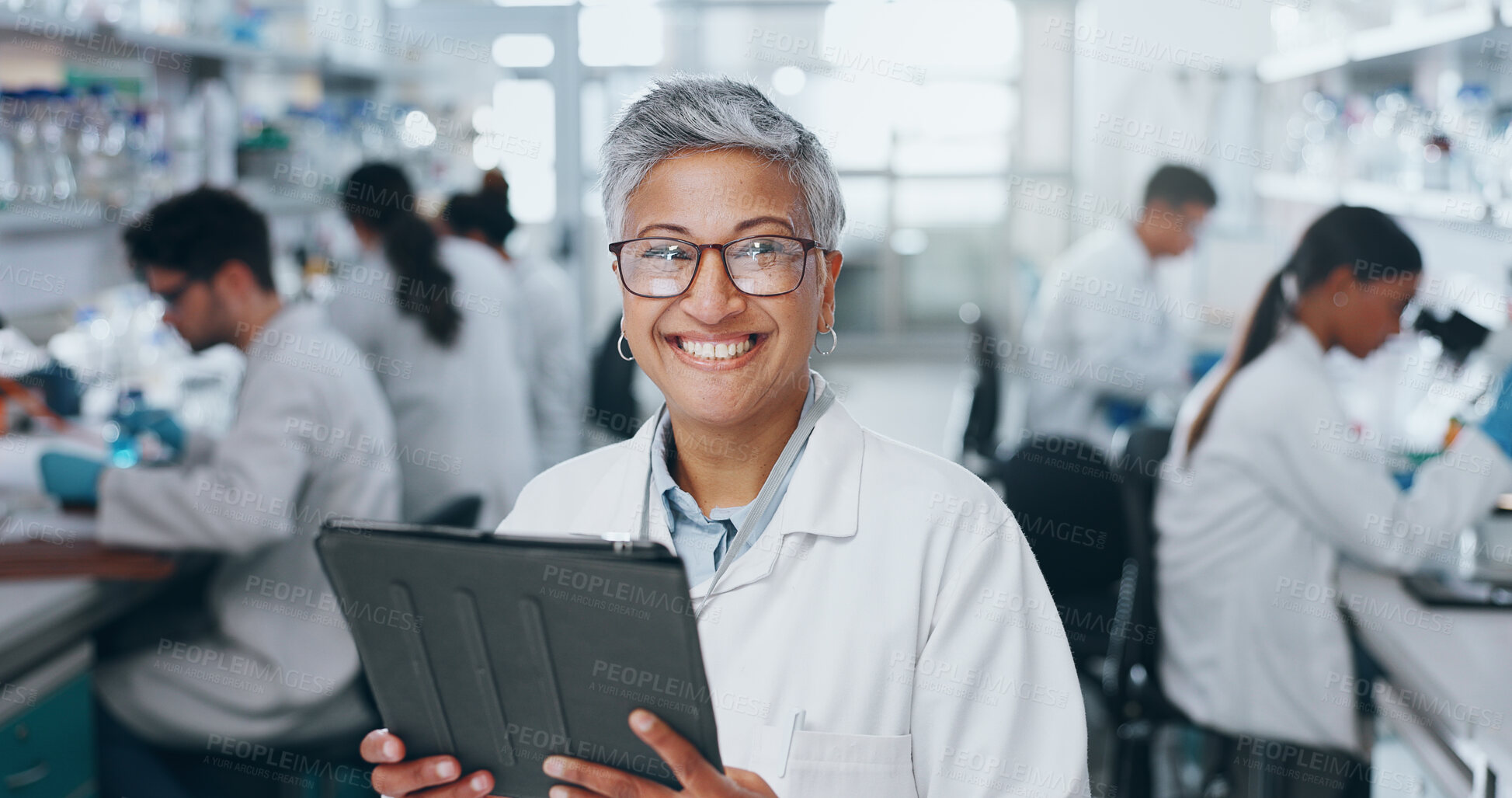 Buy stock photo Portrait, scientist and happy woman in laboratory with tablet for medical research and job as biologist. Digital, science and face of mature doctor on tech with glasses for pharma study or innovation