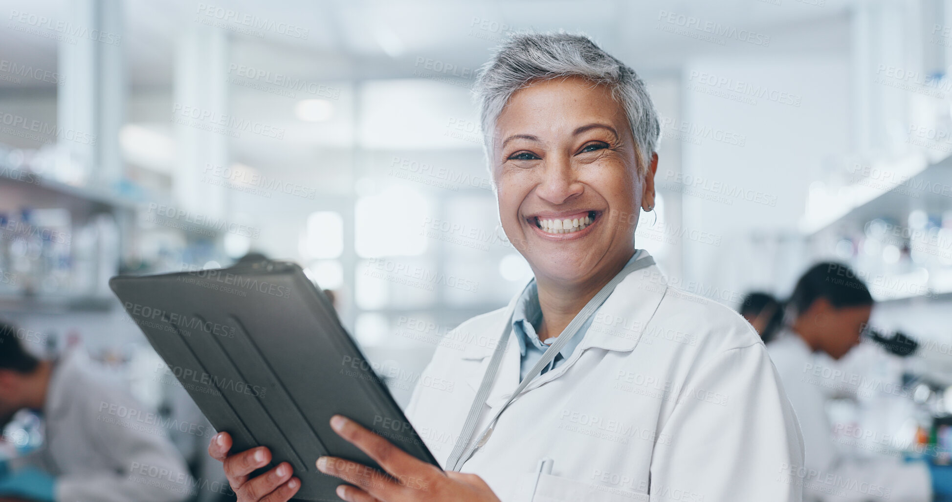 Buy stock photo Portrait, science and smile of woman with tablet in laboratory for medical research or job as chemist. Digital, scientist and face of mature doctor on tech for pharma study, healthcare or innovation