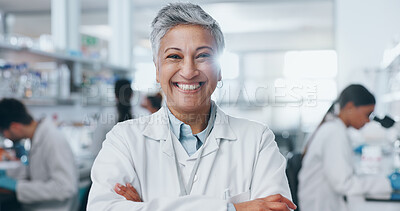 Buy stock photo Portrait, scientist and confidence of mature woman in lab for research, career and job as biologist. Smile, science and face of medical doctor with arms crossed in clinic for healthcare innovation