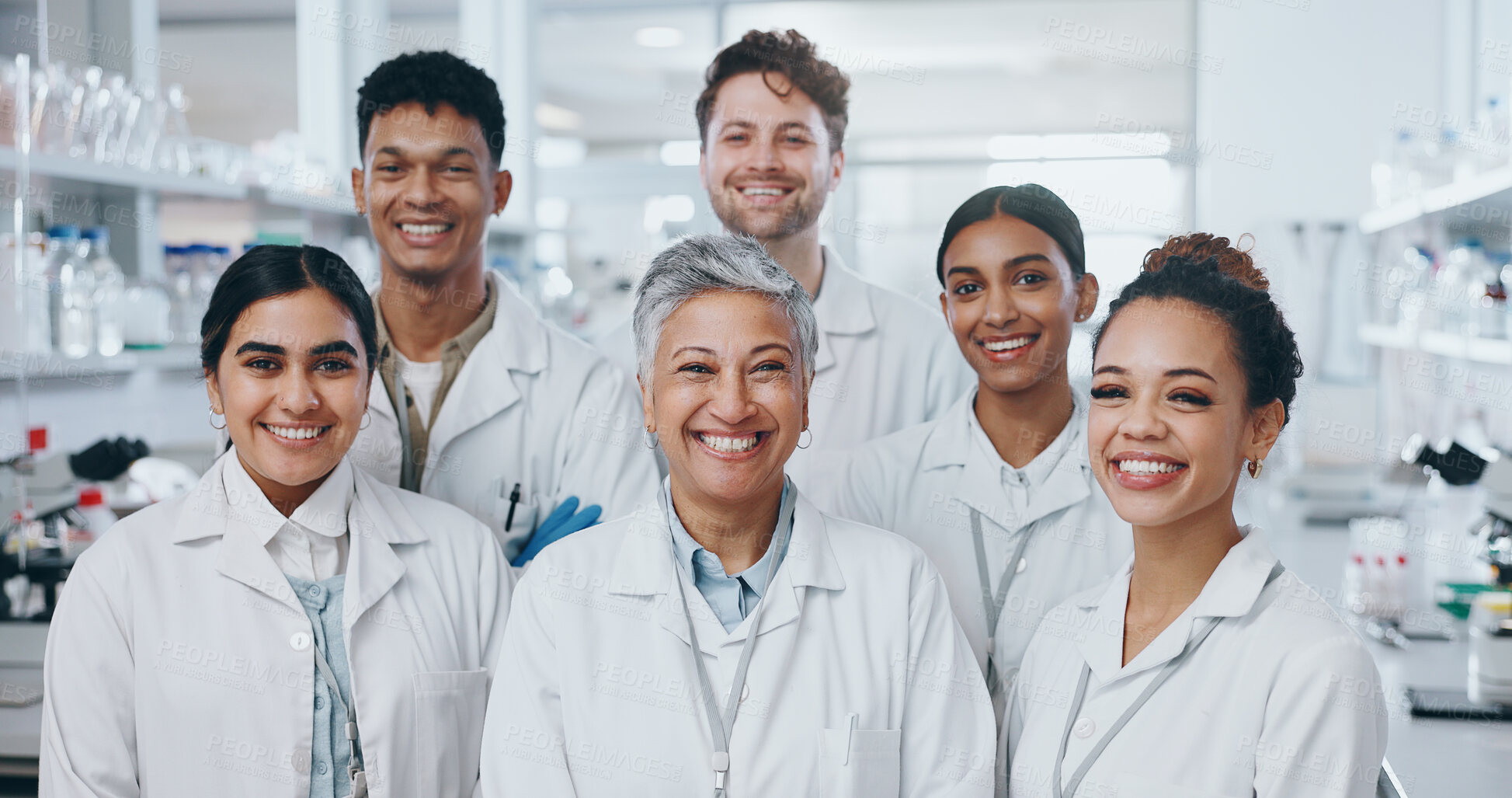 Buy stock photo About us, people and happy as scientist in lab for medical research on internship program. Female leader, interns and portrait for healthcare or science study on teamwork and collaboration as experts