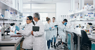 Buy stock photo Experiment, science and group of people in laboratory for work on breakthrough, cure or development. Innovation, investigation and research with scientist team in clinical trial for medicine