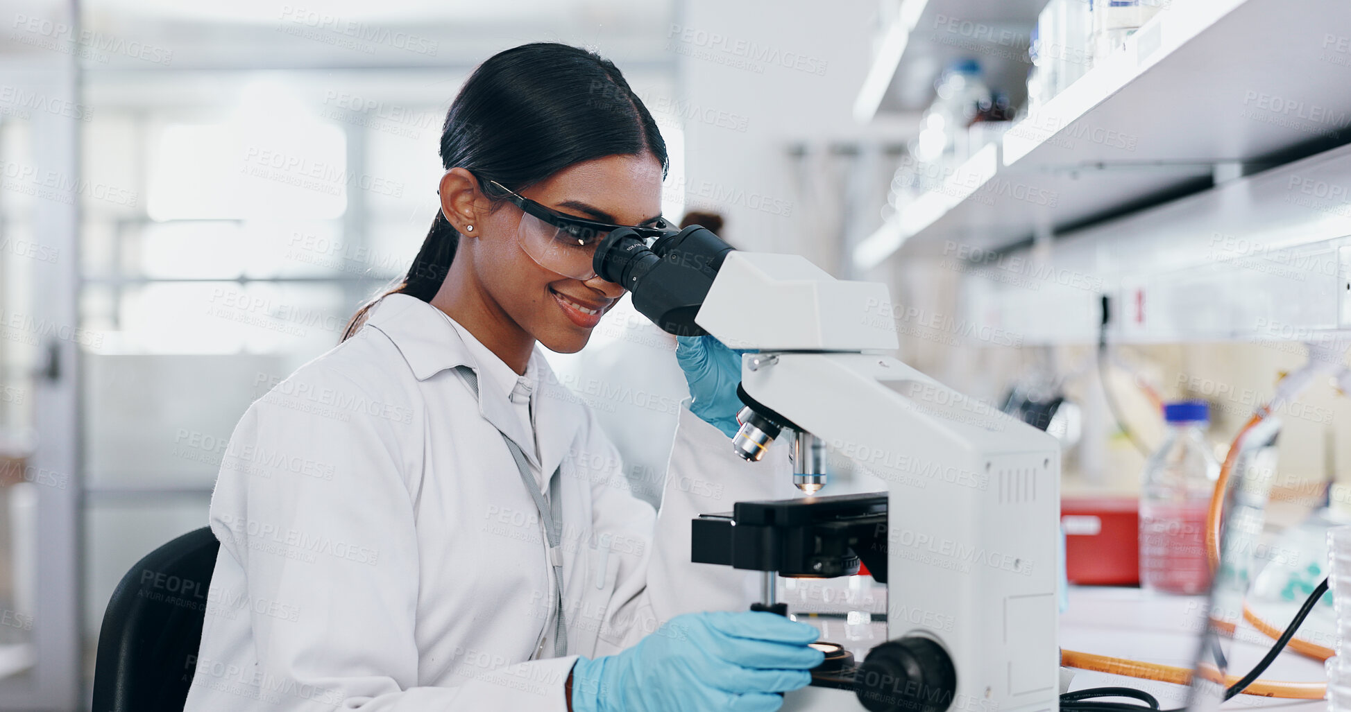 Buy stock photo Medical, test and woman with microscope, science and check experiment for cancer treatment. Person, scientist and employee with lab equipment, breakthrough and cure development with dna and bacteria