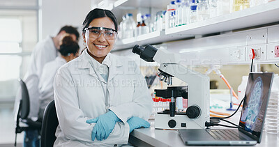 Buy stock photo Portrait, science and happy woman on laptop in lab to research chemistry, test or innovation. Microscope, scientist and face of medical doctor in goggles for microbiology, healthcare or pharma study