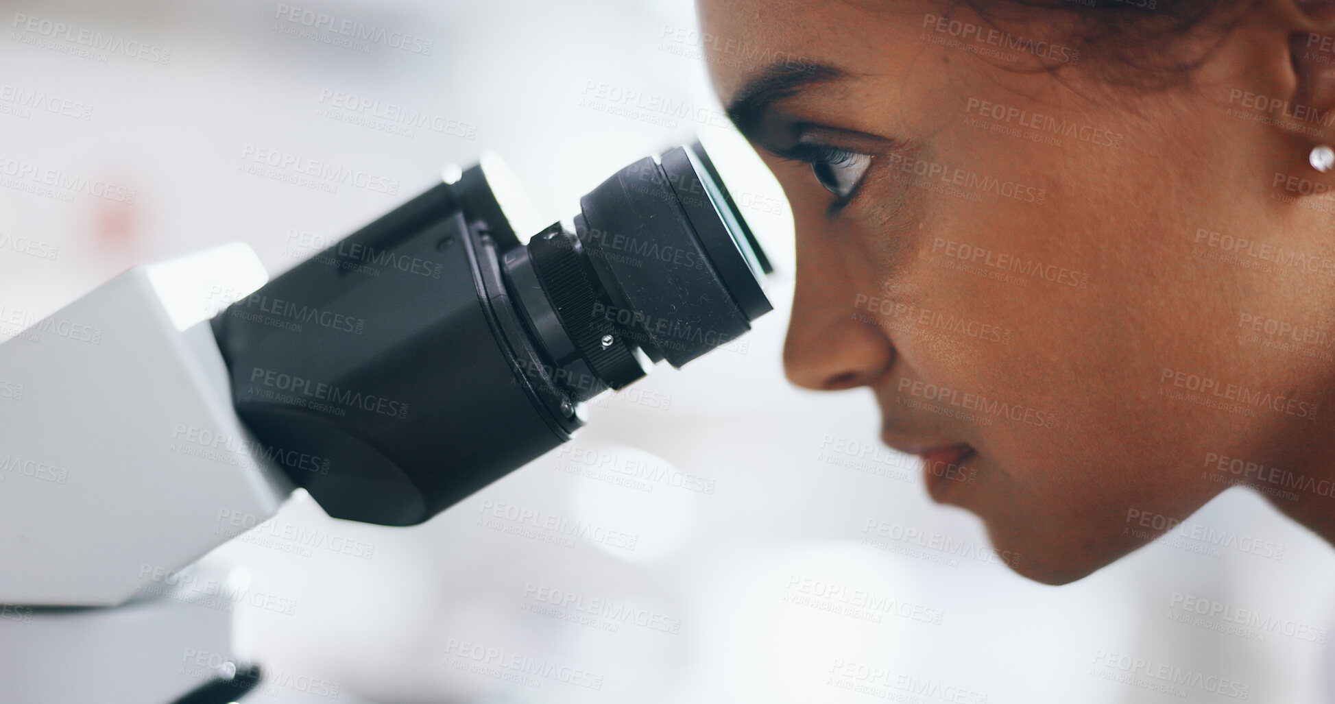 Buy stock photo DNA, research and woman with microscope, science and check experiment for cancer treatment. Person, scientist and employee with lab equipment, studying and cure development with sample and bacteria